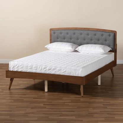 Ratana Mid-Century Modern Transitional Grey Fabric Upholstered and Walnut Brown Finished Wood, Full Size Platform Bed