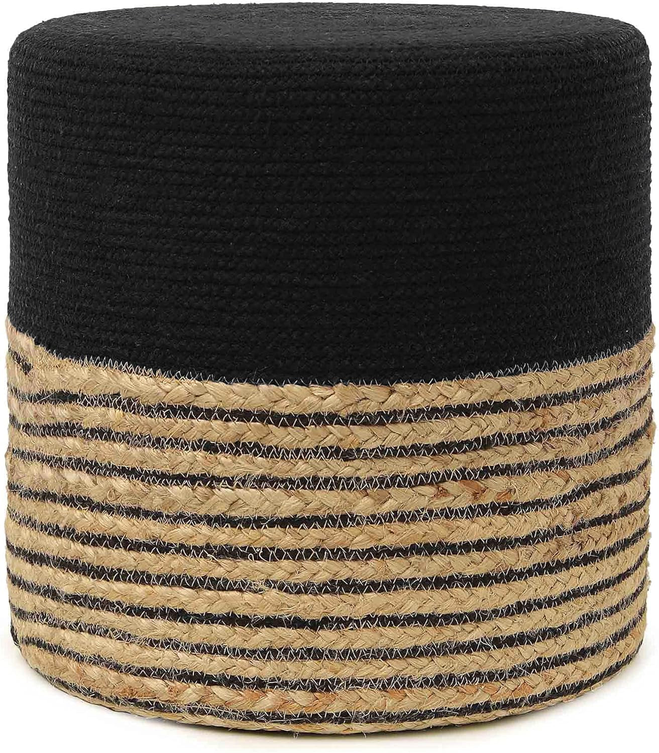 · Cylindrical Pouf Ottoman - Braided Pouffe Accent Sitting round Footrest for Living Room, Bedroom, Nursery, Kidsroom, Patio, Gym; 70% Cotton 30% Jute, (14.5X14.5X16; Black Natural)