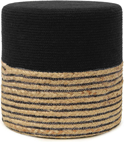 · Cylindrical Pouf Ottoman - Braided Pouffe Accent Sitting round Footrest for Living Room, Bedroom, Nursery, Kidsroom, Patio, Gym; 70% Cotton 30% Jute, (14.5X14.5X16; Black Natural)