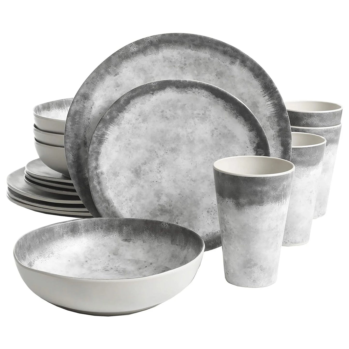 Granite Organic round Melamine Dinnerware Set, Service for Four (16Pcs), Marble