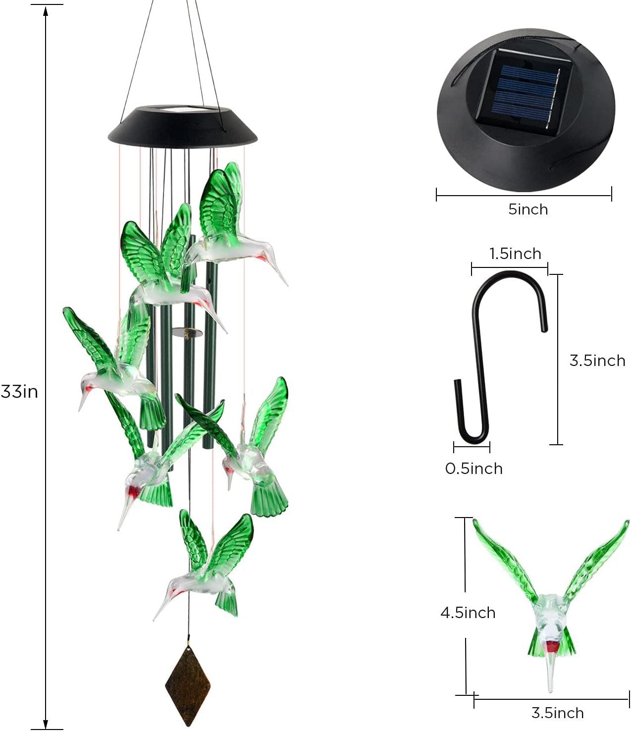 Hummingbird Solar Wind Chimes Outdoor, Father Gift, Birthday Gifts for Mother,Husband,Stepdad,Women,Grandma,Daughter,Aunt,Friend,Wife,Sister. Dad and Mom Gardening Gifts, Yard Decor