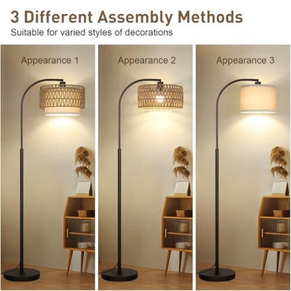 Arc Floor Lamp Black, Boho Floor Lamps for Living Room, Black with Rattan Shade