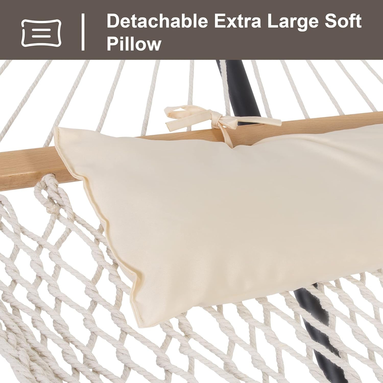 Double Outdoor Hammock with Stand Included, Portable Cotton Rope 2 Person Hammock for Outdoor, Patio, Garden, Backyard, Beige