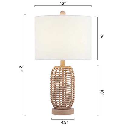 Natural Rattan Table Lamps Set of 2, Coastal Bedside Lamps 21'' Tall Brown Nightstand Lamps with White Fabric Shade for Bedroom, Living Room