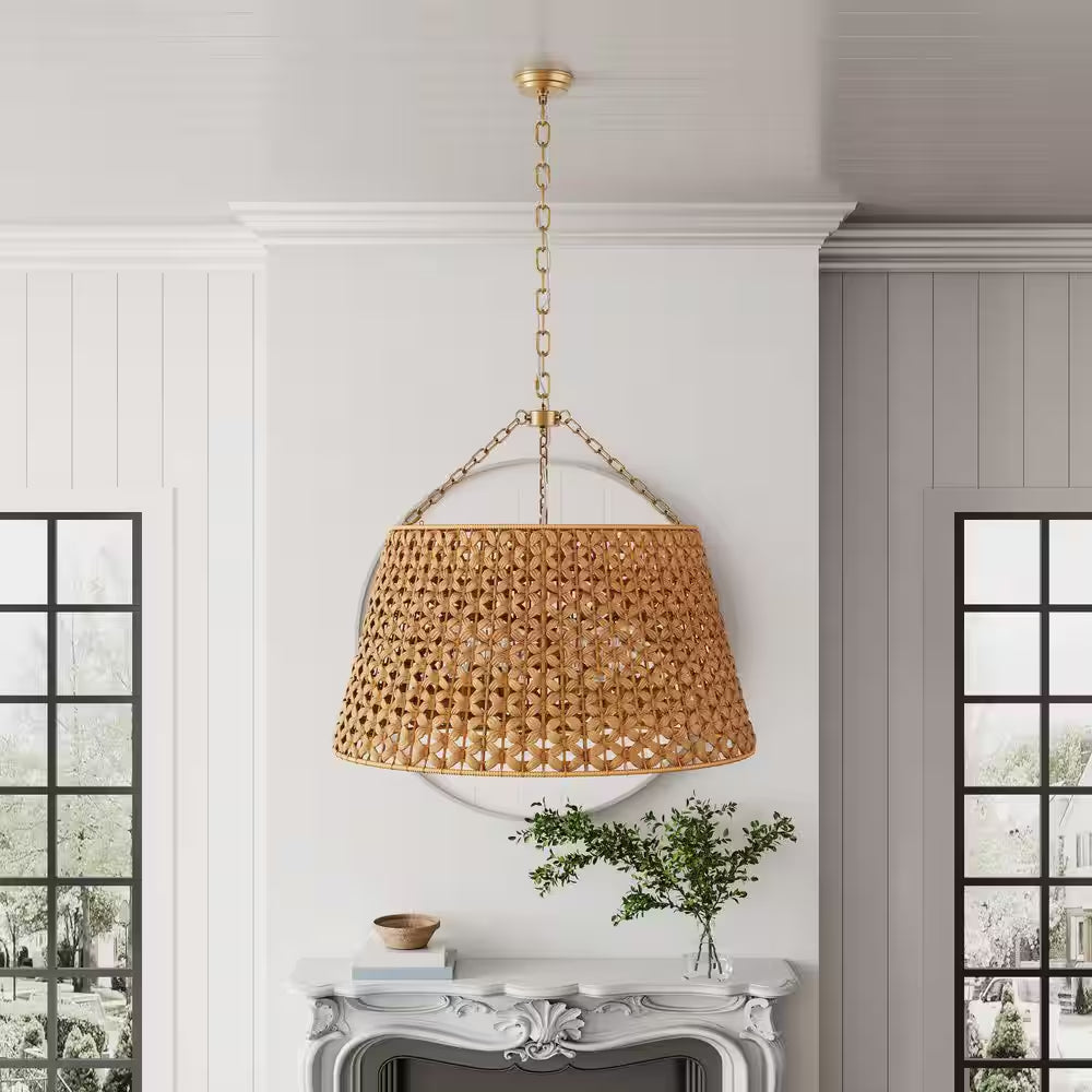 29.92 In. 6-Light Gold Woven Oversized Chandelier Boho Hand Rattan Rustic Farmhouse Ceiling Hanging Light