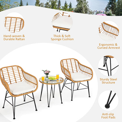 3PCS Patio Rattan Bistro Furniture Set Cushioned Chair Table White