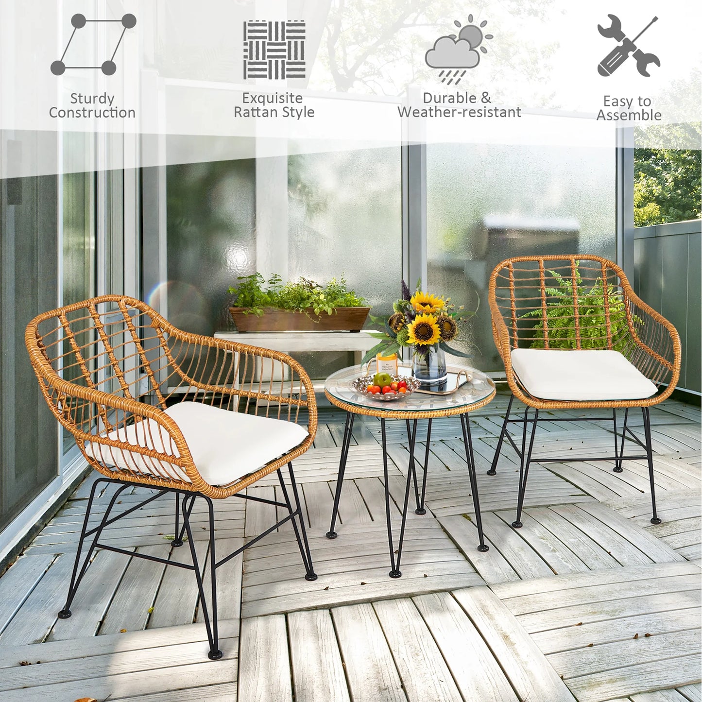 3PCS Patio Rattan Bistro Furniture Set Cushioned Chair Table White