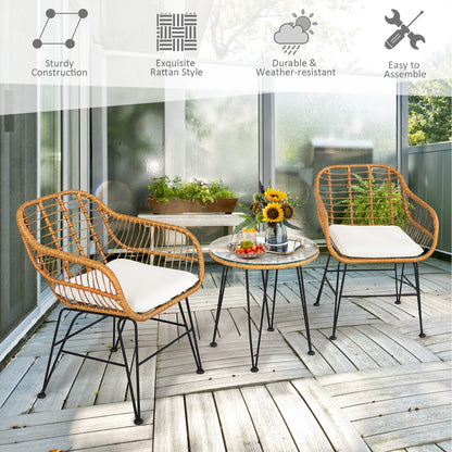 3PCS Patio Rattan Bistro Furniture Set Cushioned Chair Table White