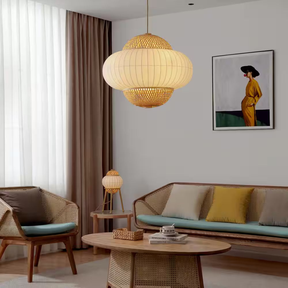Hikari 60-Watt 4-Light Wood Grain and Natural Pendant Light with Woven Bamboo Shade and Bulb Not Included