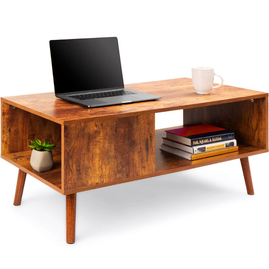 Wooden Mid-Century Modern Coffee Accent Table Furniture W/ Open Storage Shelf - Brown