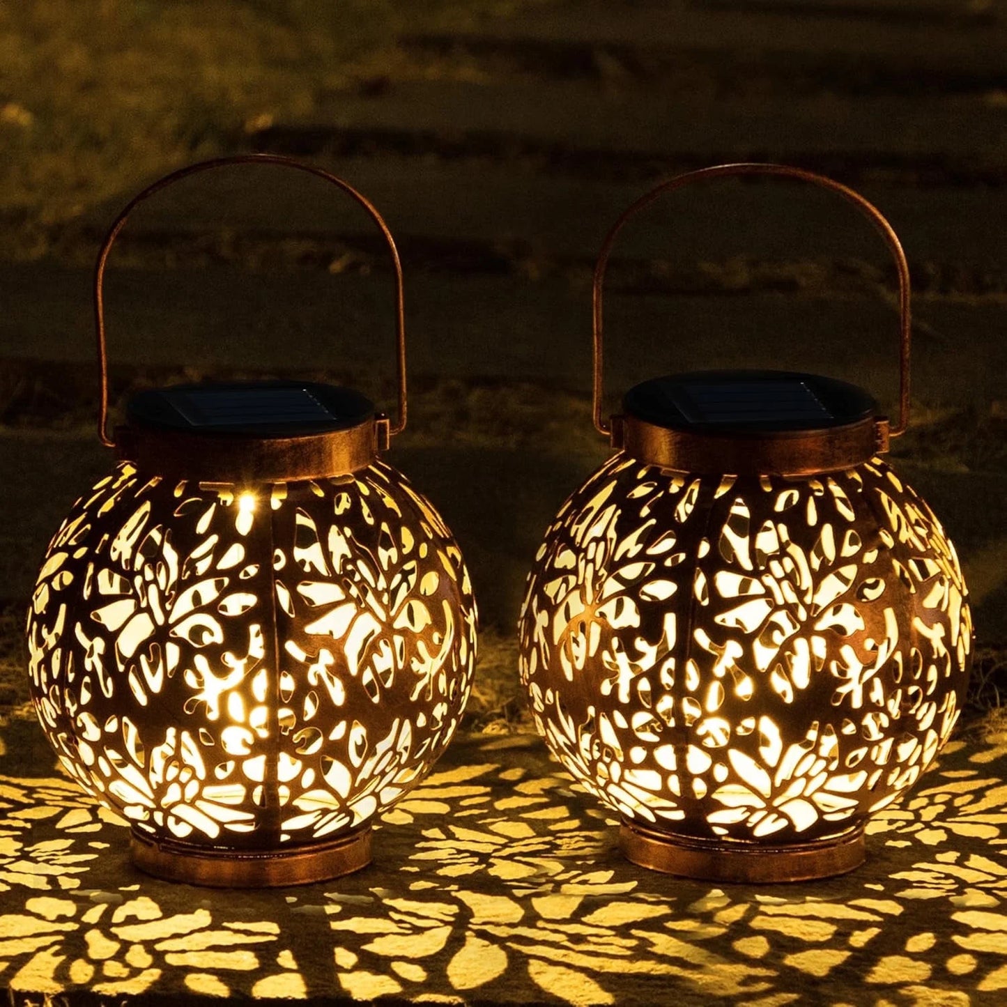 (2 Pack)  2 Pack Bronze Solar Outdoor Hanging Lanterns, Moroccan Lanterns, Metal Decorative Garden Lights