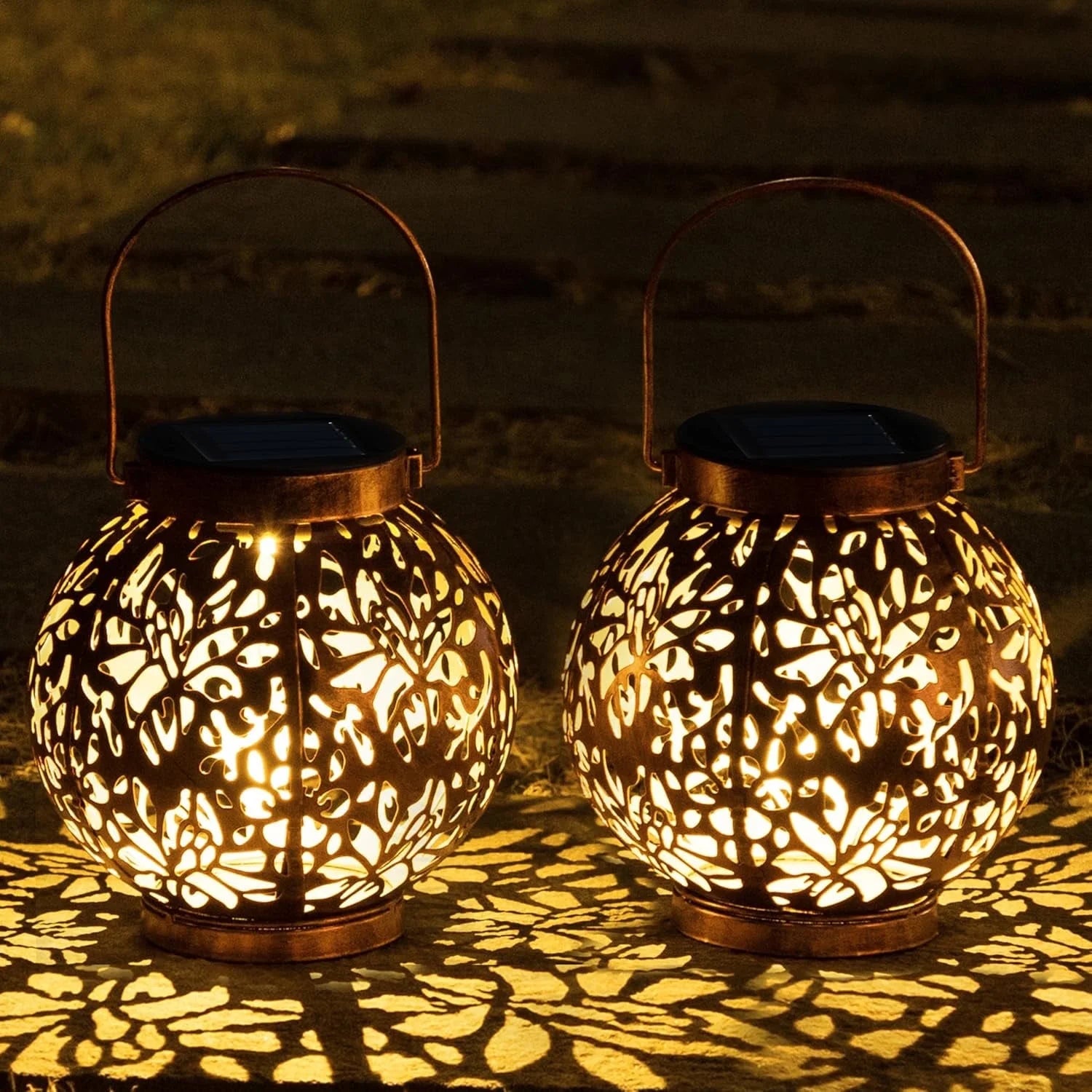(2 Pack)  2 Pack Bronze Solar Outdoor Hanging Lanterns, Moroccan Lanterns, Metal Decorative Garden Lights