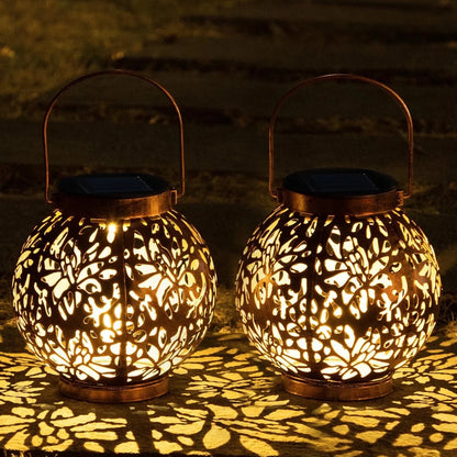 (2 Pack)  2 Pack Bronze Solar Outdoor Hanging Lanterns, Moroccan Lanterns, Metal Decorative Garden Lights