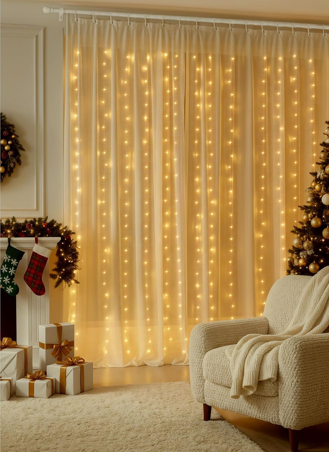 300 LED Curtain String Lights, 9.8 FT Hanging Fairy Lights with Remote, 8 Modes, Waterproof Window Lights for Bedroom Backdrop Wedding Outdoor Party Christmas Decorations(Not Connectable)