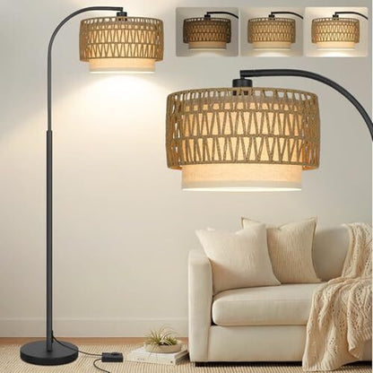 Arc Floor Lamp Black, Boho Floor Lamps for Living Room, Black with Rattan Shade