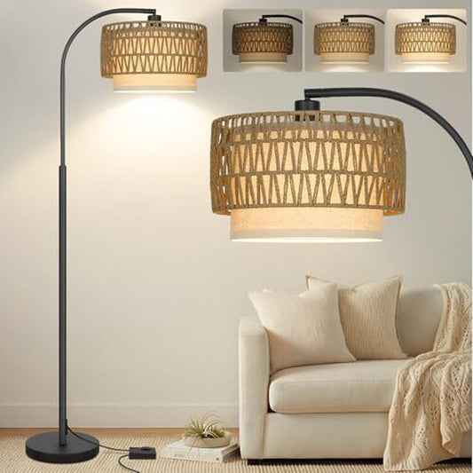 Arc Floor Lamp Black, Boho Floor Lamps for Living Room, Black with Rattan Shade