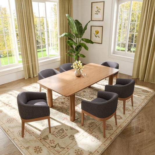 Modern Upholstered Dining Chairs Set of 6, Farmhouse Linen Kitchen & Dining Room Chairs with Armrests, 18" W Wooden Barrel Accent Chair Armchair for Dining Room Living Room Bedroom, Charcoal
