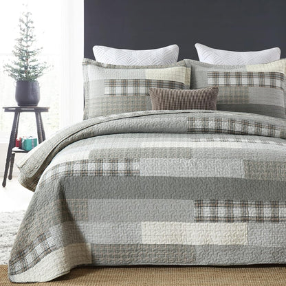 Quilt King Size - 100% Cotton Grey King Quilt Farmhouse Plaid Quilted Bedspread, 3 Pieces Lightweight Reversible King Size Quilt Bedding Set for All Season
