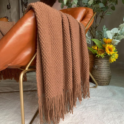Knitted Throw Blanket with Tassels Bubble Textured Lightweight Throws for Couch Cover Home Decor (Caramel, 60X80)