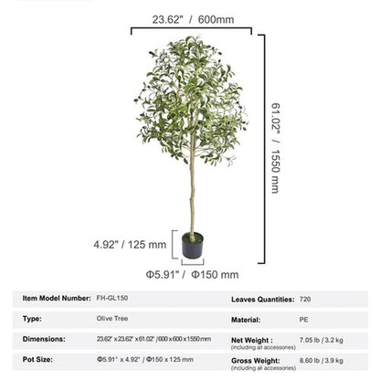 Uimoso 5Ft Artificial Olive Tree Green Tall Faux Lifelike Fake Plant Home Decor