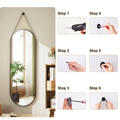 48" X 16" Full Length Mirror Oval Hanging Wall Mirror with Leather Strap,Black