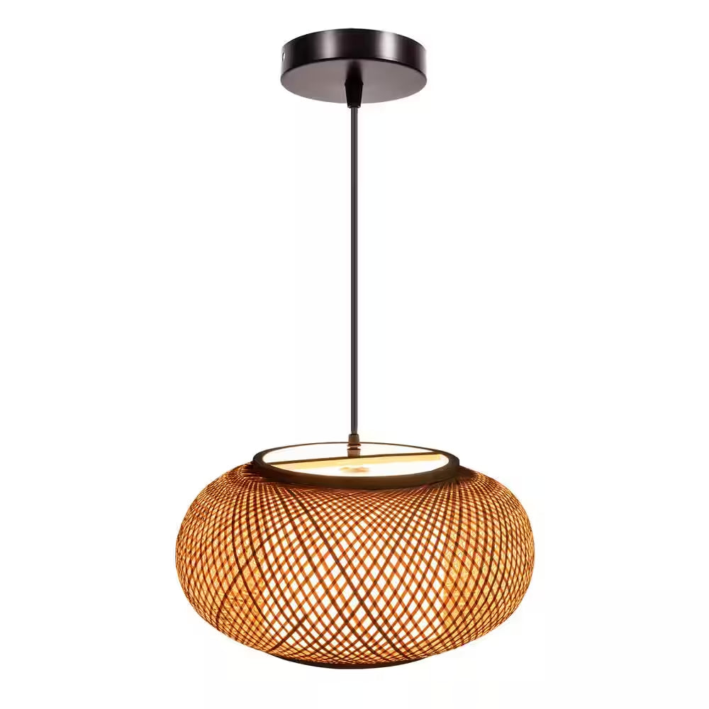 15.7 In. 1-Light Vintage Bamboo Rattan Lantern Pendant Light with Hand-Woven Bamboo Shade