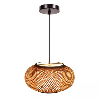 15.7 In. 1-Light Vintage Bamboo Rattan Lantern Pendant Light with Hand-Woven Bamboo Shade