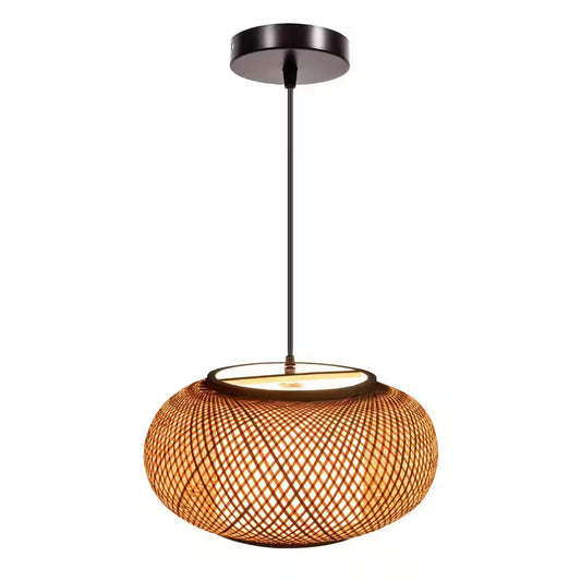 15.7 In. 1-Light Vintage Bamboo Rattan Lantern Pendant Light with Hand-Woven Bamboo Shade