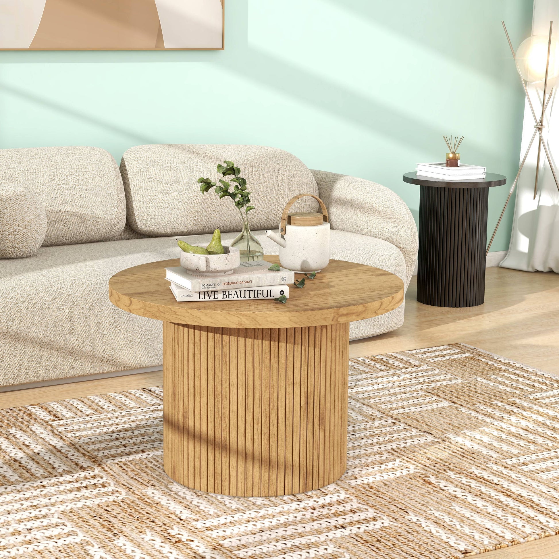 Farmhouse round Pedestal Coffee Table Solid Wood Coffee Table Modern Accent Table Rustic Center Table for Living Room