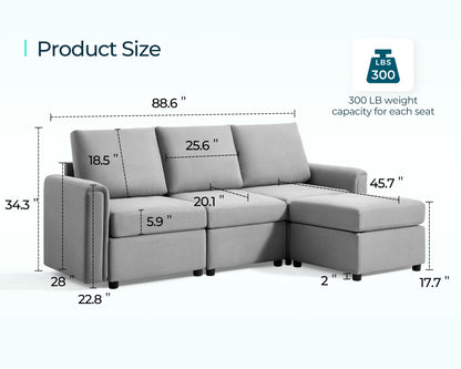 Modular Couches and Sofas Sectional with Storage, 4 Seat Sectional Sofa for Living Room, L Shaped Sectional Couch with Reversible Chaises, Light Gray