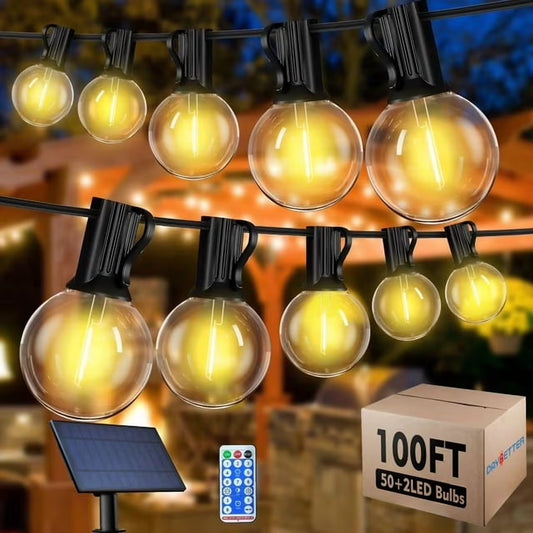 Solar Outdoor String Lights, 100Ft Waterproof Patio Lights with Remote, 50 LED Bulbs, 8 Lighting Modes, for Yard Outside