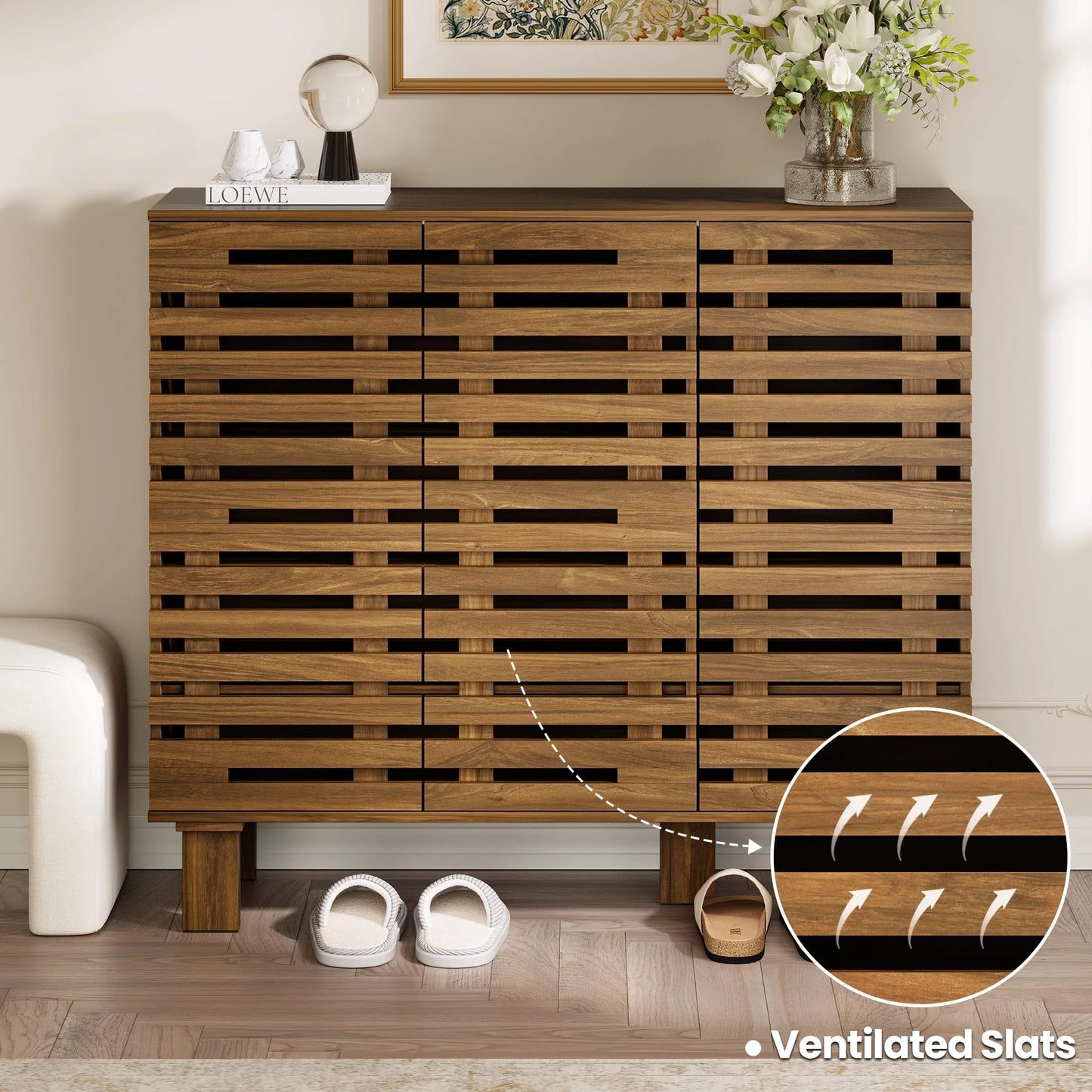 47" Wide Shoe Cabinet with Drawers and Adjustable Shelves, Entryway Shoe Storage Organizer with Louvered Doors, Japandi Brutalist Walnut Grid Design, Fits 20–24 Pairs