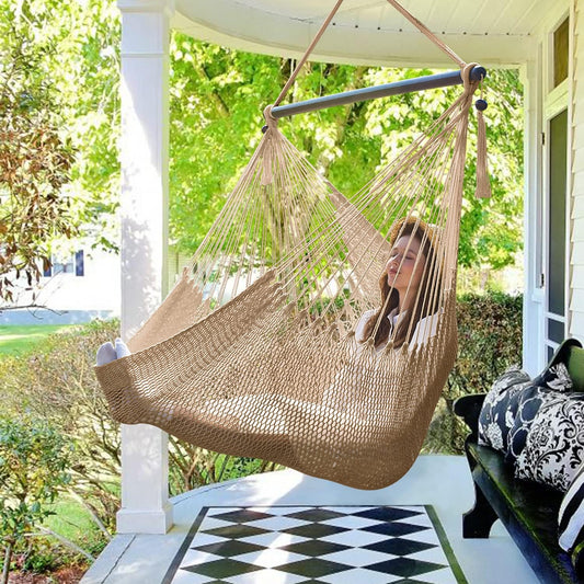Large Hammock Chair with Spreader Bar, Caribbean Hammock Swing Chair, XL Hammock Chair Outdoor Indoor, 330 LBS Weight Capacity, Light Brown