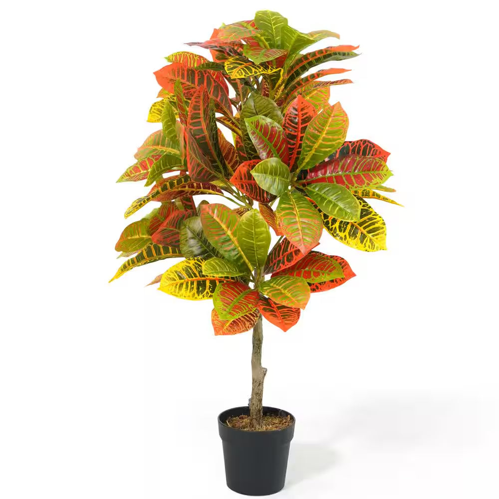 36 In. Artificial Topiary Croton Tree, UV Resistant Artificial Plants, Faux Trees in Pot W/Dried Moss
