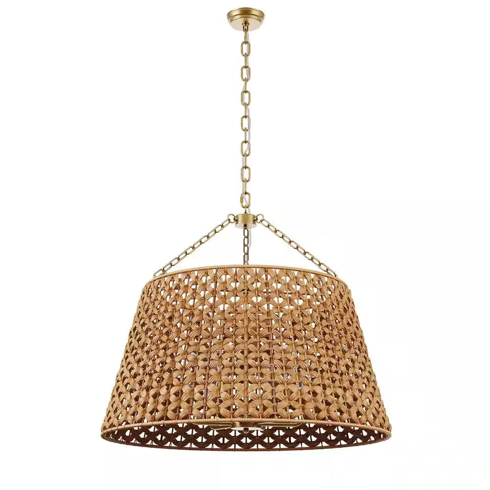 29.92 In. 6-Light Gold Woven Oversized Chandelier Boho Hand Rattan Rustic Farmhouse Ceiling Hanging Light