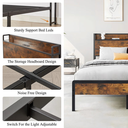 Full Size Bed Frame with Storage Headboard, Metal Bed Frame with Plug Outlets, USB, Brown