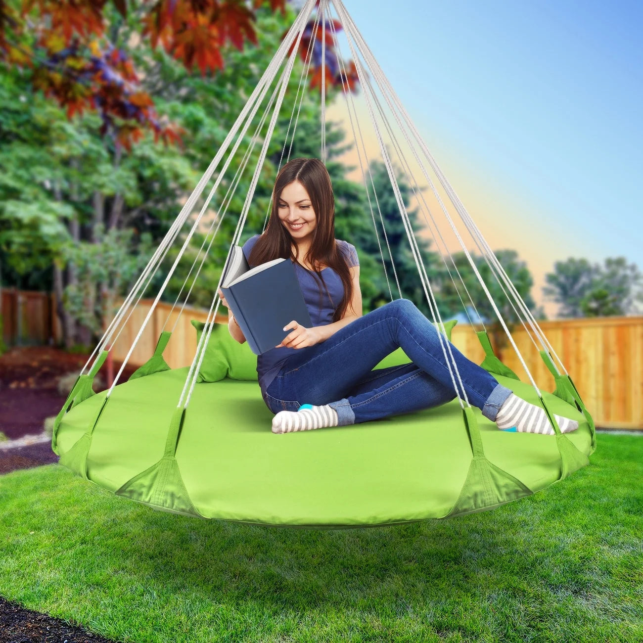 Hanging Swing Nest with Pillow, Double Hammock Daybed Saucer Style Lounger Swing, 264 Pound Capacity Green