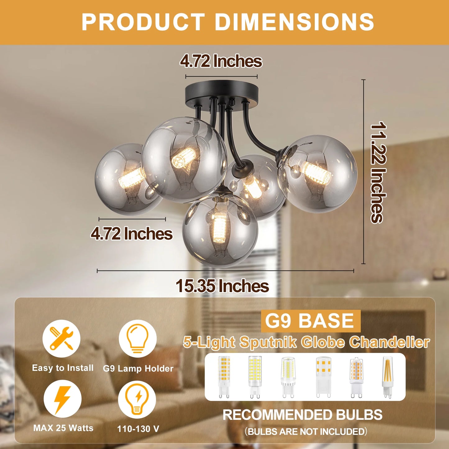 Modern Ceiling Light 5-Light Sputnik Ceiling Light Fixture with Smoke Grey Glass Globe Semi Flush Mount Ceiling Light for Hallway Kitchen Bathroom Black 15 Inch