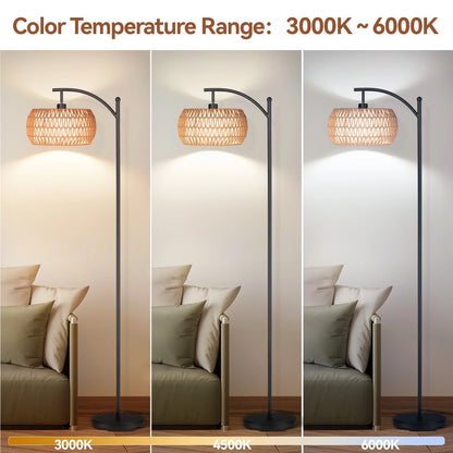 63'' Dimmable Arc Rattan Floor Lamp, Black Standing Lamp with Rattan & Fabric Double Drum Shade, Boho Farmhouse Tall Lamp for Living Room, Lamps for Bedroom