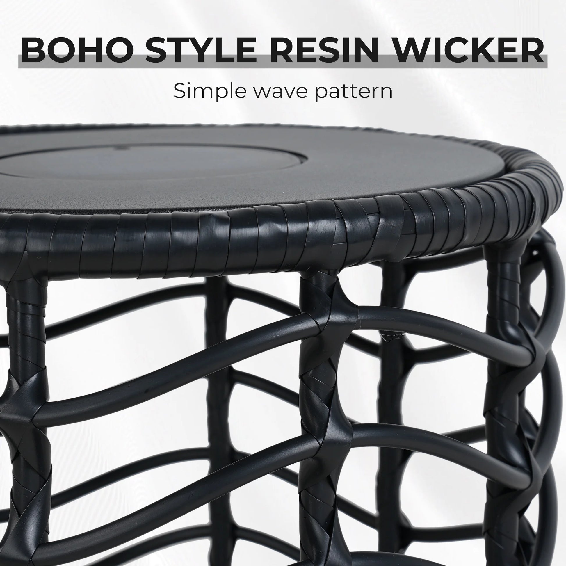 Outdoor Modern Boho Style Wave Wicker End Tables,Built-In Solar Lights, Black (Set of 2)