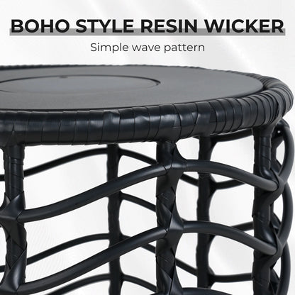 Outdoor Modern Boho Style Wave Wicker End Tables,Built-In Solar Lights, Black (Set of 2)