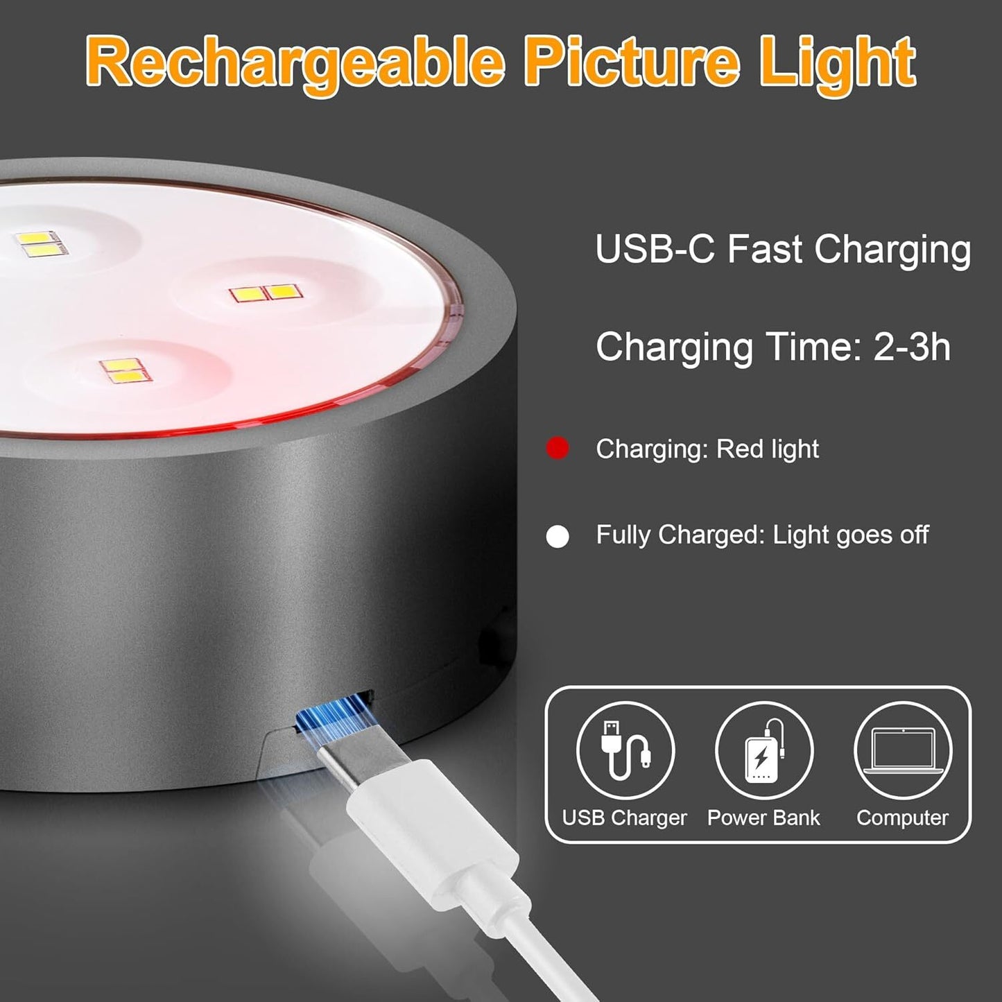 3-Pack Picture Lights for Wall, Rechargeable Battery Operated LED Painting Light