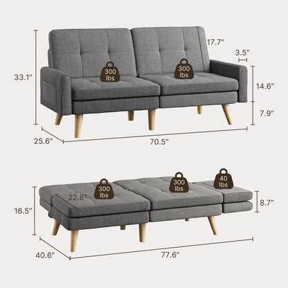 Nazeer 70.9" Futon Loveseat Sofa, Reclining Linen Sofa Bed