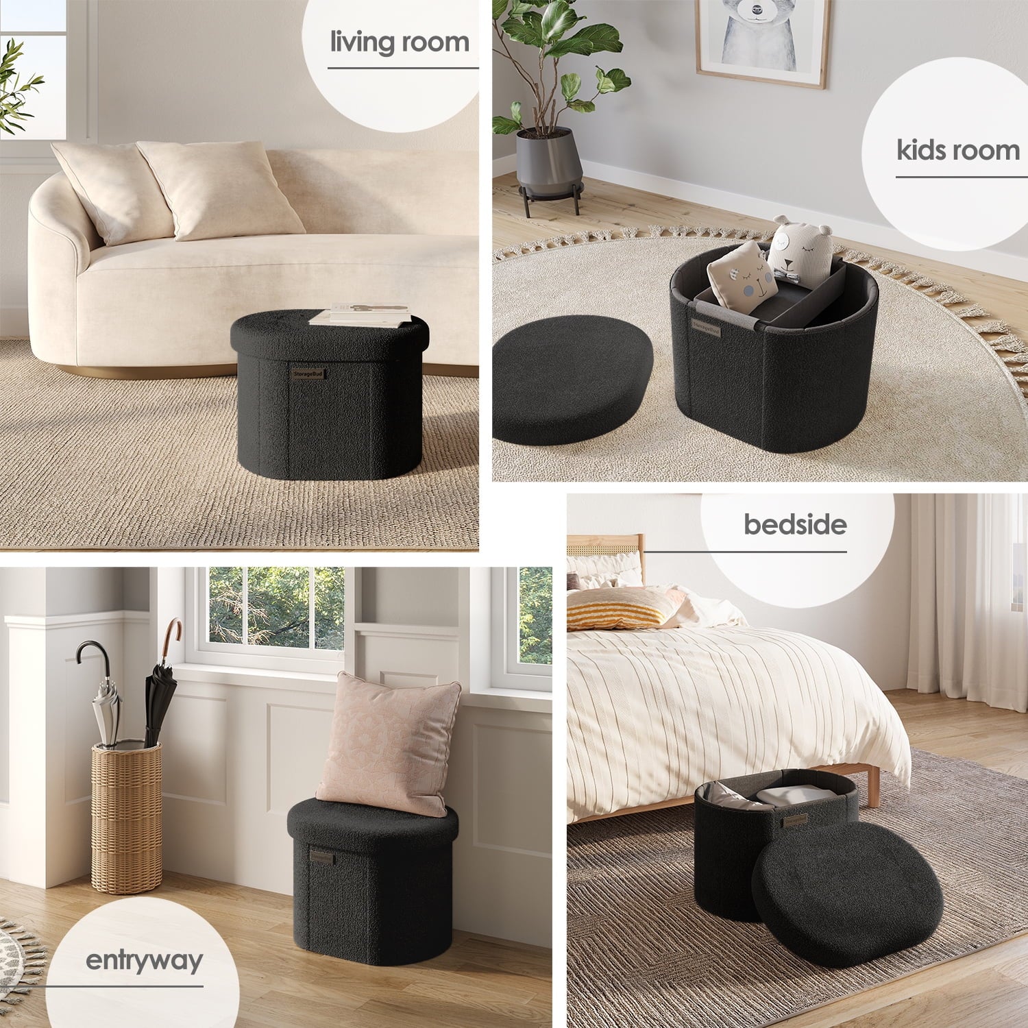 Oval Storage Ottoman Bench, Boucle 16" Ottoman with Storage , Black