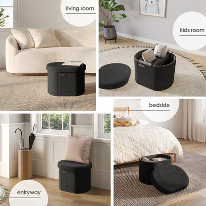 Oval Storage Ottoman Bench, Boucle 16" Ottoman with Storage , Black