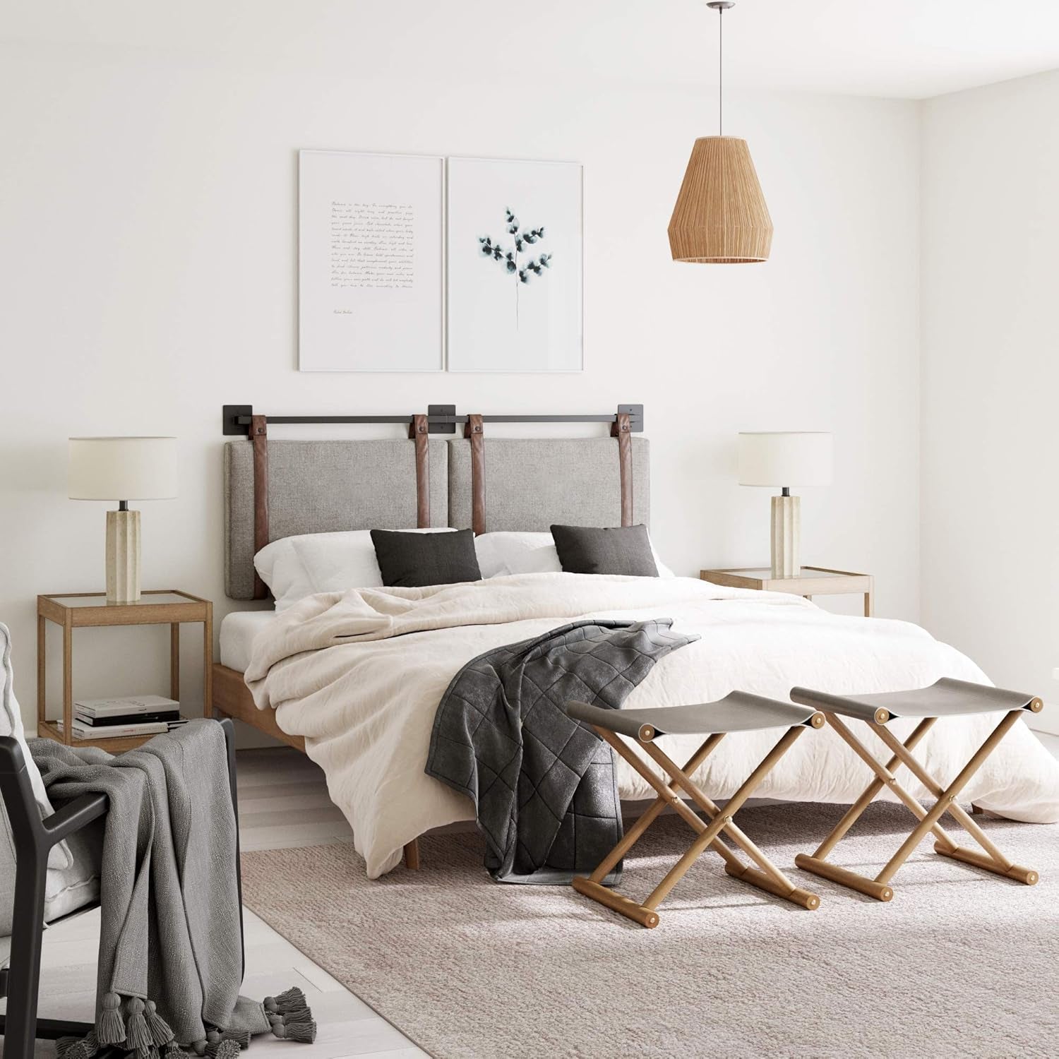 Harlow Modern Wall Mount Hanging Headboard, Queen, Gray with Brown Faux Leather Straps