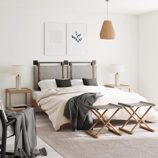 Harlow Modern Wall Mount Hanging Headboard, Queen, Gray with Brown Faux Leather Straps