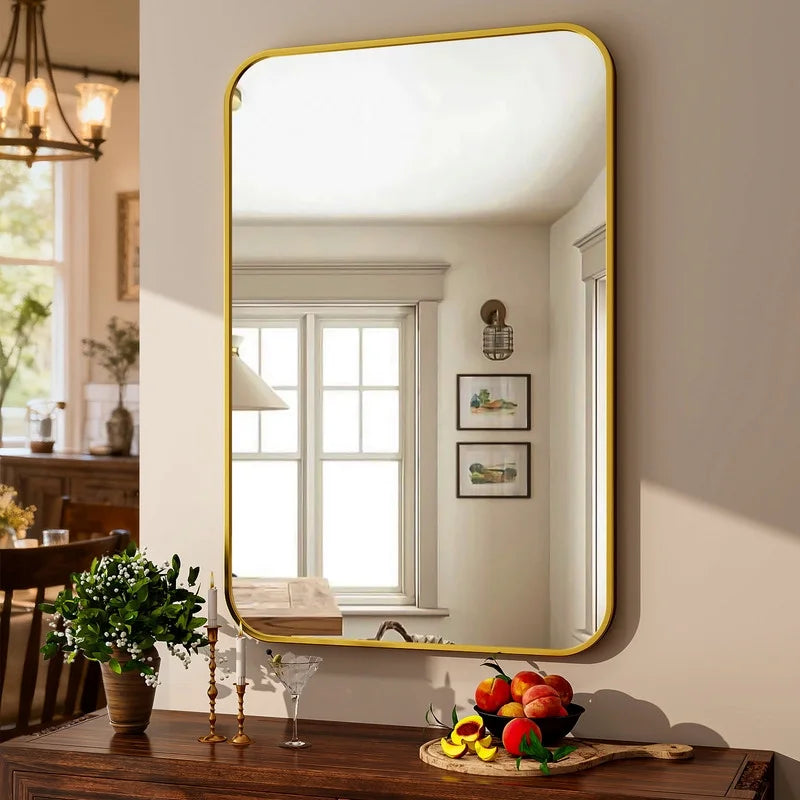 38"X26" Rectangular Bathroom Mirror Round-Edged Wall Mounted Mirror with Aluminum Alloy Frame, Gold