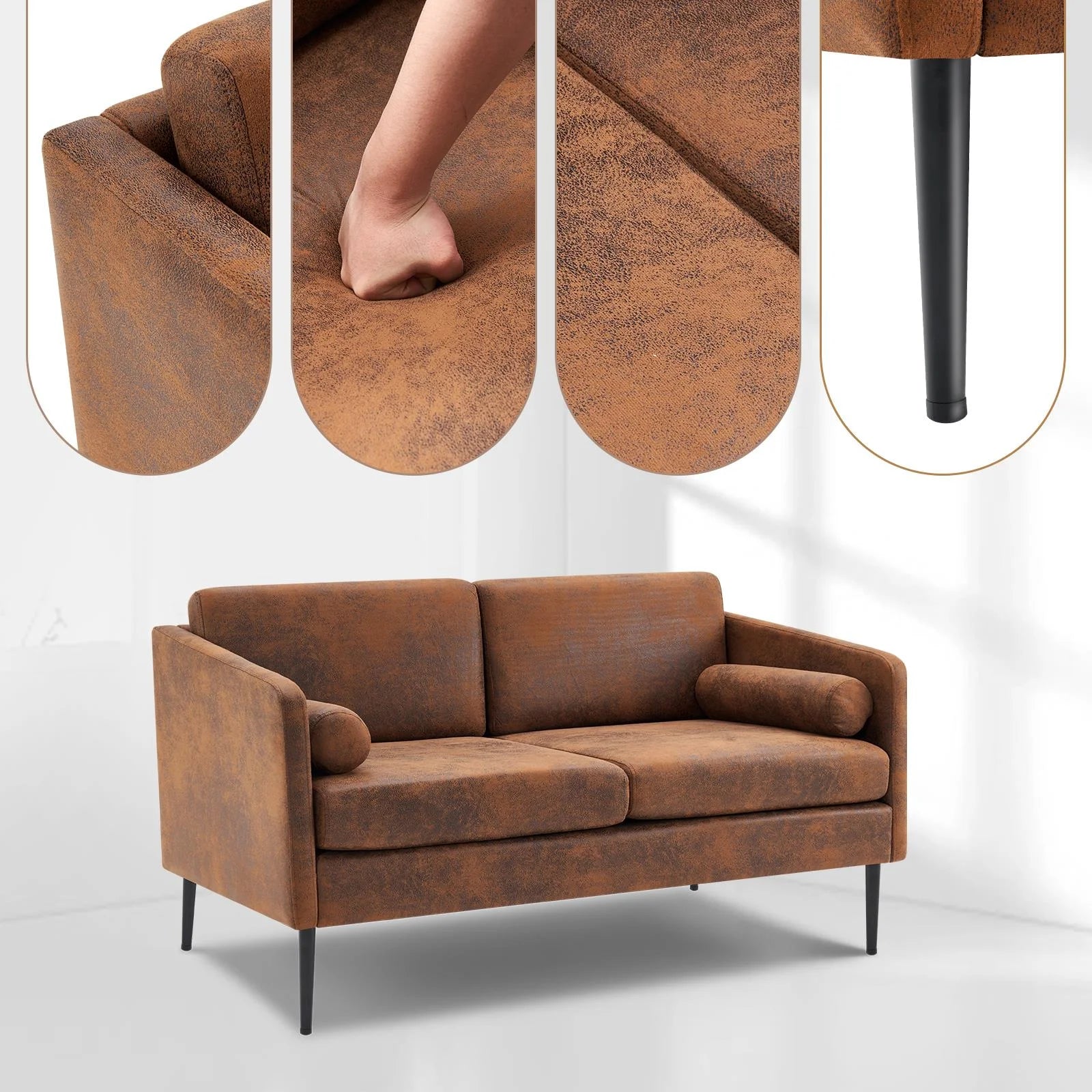 52" Fabric Square Arm Loveseat, 2-Seat Love Seat Sofa Chair, Small Modern Couch with Bronzing Cloth Brown