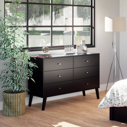 Milo Mid-Century 6 Drawer Wooden Dresser, 16.75" X 52.5" X 33", Black